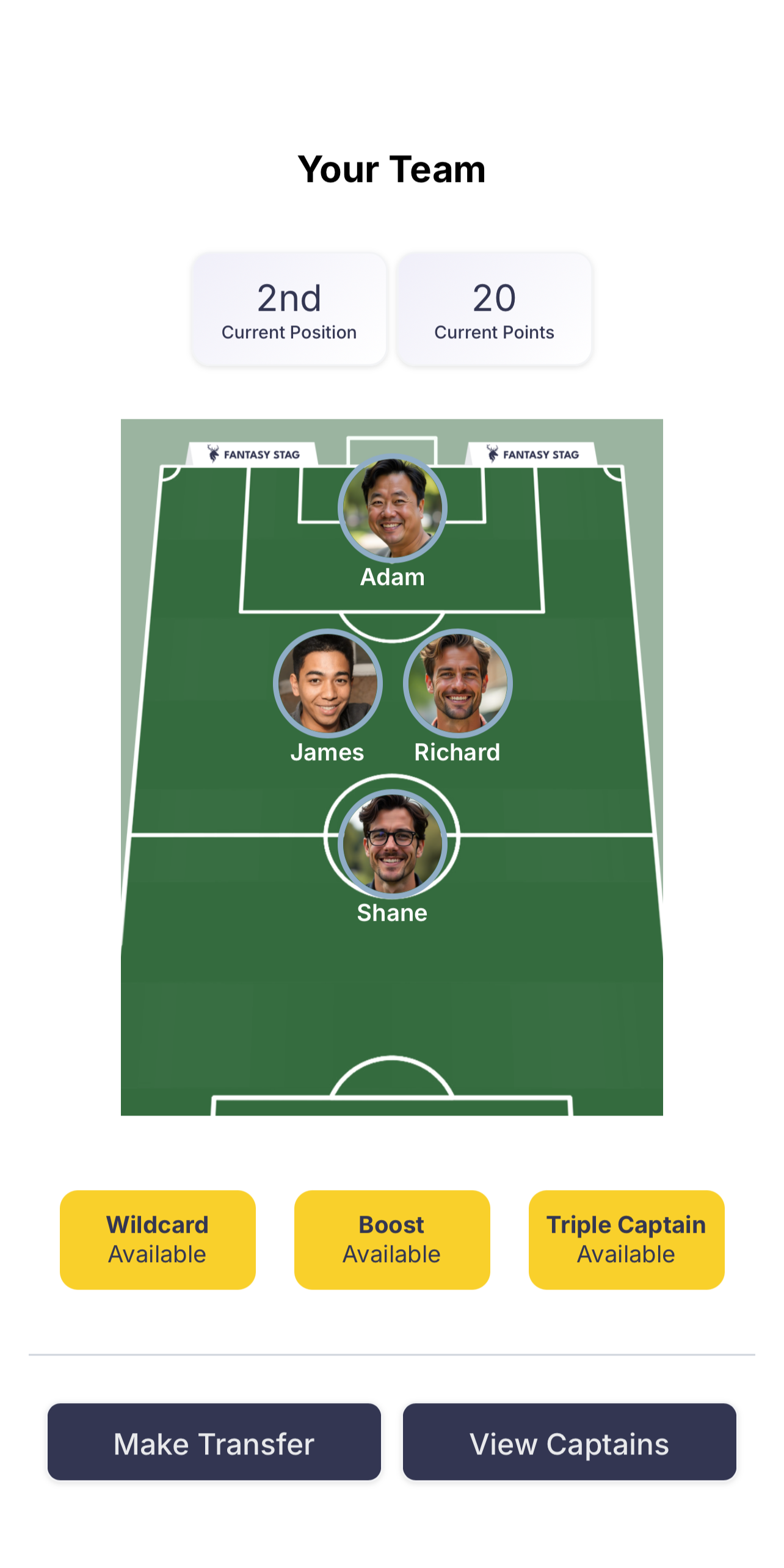 Fantasy Stag team selection on a football pitch